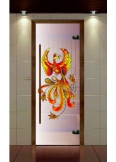 Дверь для сауны, серия "Премиум", стекло сатин контурная фотопечать Жарптица