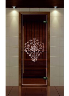 Дверь для сауны, серия "Премиум", коробка термобук стекло с рисунком Лотос
