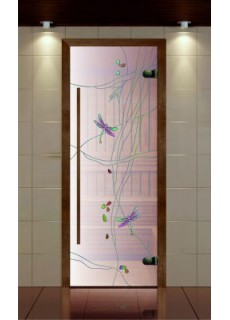 Дверь для сауны, серия "Премиум", стекло сатин контурная фотопечать Стрекоза