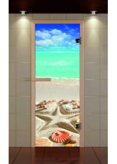 Дверь для сауны стандарт, серия "Пляж" с фотопечатью