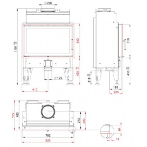 Каминная топка BeF Home Therm 8, футеровка красная округлая, рамка черная, ручка красная