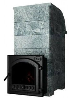 Дровяная печь ИнжКомЦентр ВВД Калита Князь (Талькохлорит) с дверцей выносного топочного тоннеля (со стеклом) - нержавеющая сталь
