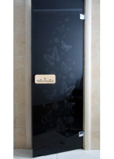 Дверь стекло Черный жемчуг с рисунком «Цветы и Бабочки» коробка липа/берёза